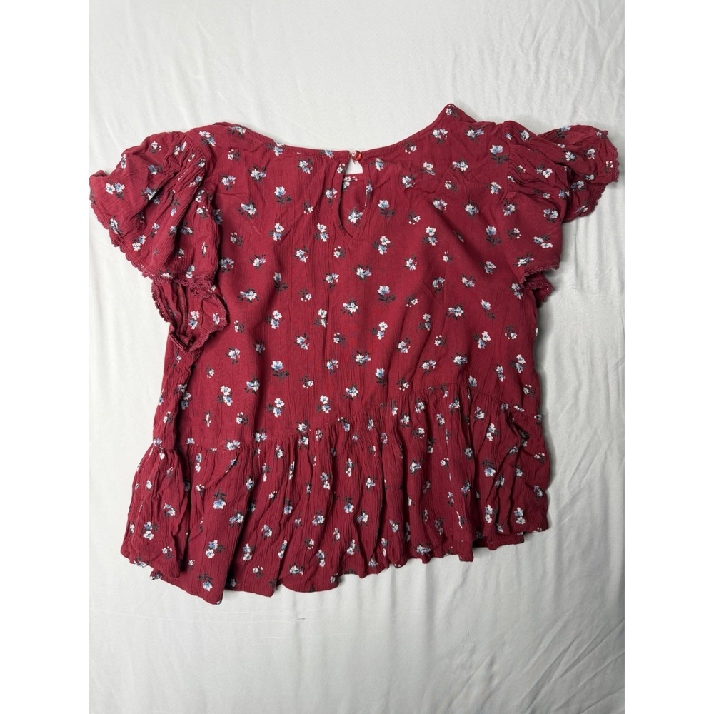 Blue Rain Womens Medium Red Floral Peplum Blouse Flutter Sleeve Boho Top M - Picture 2 of 5